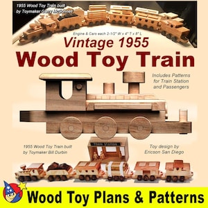 Può includere: Piani e modelli di treno giocattolo in legno vintage del 1955. I piani includono una locomotiva, vagoni, una stazione ferroviaria e passeggeri. La locomotiva e i vagoni misurano 6,35 cm di larghezza, 10,16 cm di altezza e 20,32 cm di lunghezza.
