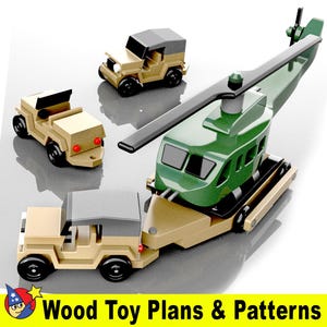 May include: A set of three wooden toy vehicles, including a green helicopter, a tan jeep, and a tan pickup truck. The helicopter has a black rotor and is carrying the pickup truck on its back. The toys are made of wood and have a simple, classic design.