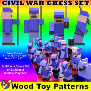 Könnte beinhalten: Ein Holzspielzeugset mit Soldaten aus dem Amerikanischen Bürgerkrieg, das als Schachspiel oder als Kriegsspielzeug gebaut werden kann. Die Soldaten sind 13,3 bis 19 cm groß und das Brett ist 81 cm x 81 cm.