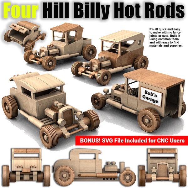 Four Hill Billy Hot Rods Wood Toy Plans & Patterns (4 PDF Downloads + SVG Files for CNC)