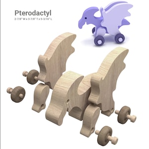 May include: Wooden toy pterodactyl with wings, head, and body pieces. The toy is unassembled and includes four wheels. The toy is 2-7/8 inches wide, 3-7/8 inches tall, and 5-3/16 inches long.
