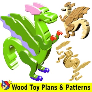 Może przedstawiać: Dwa drewniane plany zabawek w kształcie smoka. Jeden smok jest zielony z różowymi uszami i fioletowymi skrzydłami. Drugi smok jest brązowy z naturalnym wykończeniem drewna. Oba smoki są w zabawnej pozie z rozłożonymi skrzydłami.