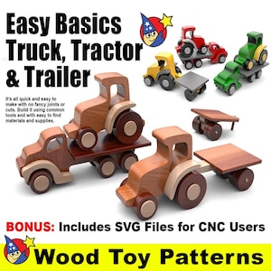 Puede incluir: Patrones de juguetes de madera para un camión, un tractor y un remolque. Los patrones son fáciles de construir e incluyen archivos SVG para usuarios de CNC. La imagen muestra una variedad de juguetes de madera, incluyendo un camión rojo, un tractor verde y un remolque marrón.