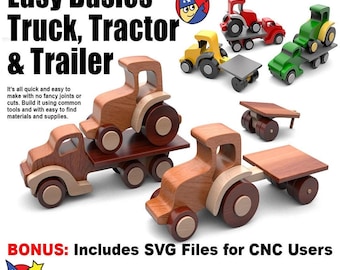 Wood Toy Plan Easy Basics Truck, Tractor & Trailer (PDF Download + SVG File for CNC)