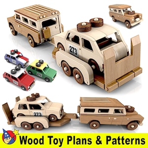 Puede incluir: Planos y patrones de juguetes de madera para un coche y un remolque de estilo vintage. El coche es blanco con un techo marrón y el remolque es marrón con una plataforma de madera. El coche tiene el número "273" en el lateral. El remolque tiene una rampa de madera y una puerta de madera.