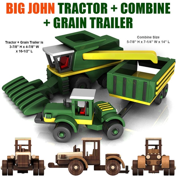 Big John boerderijtractor + aanhangwagen + combineer houten speelgoedplannen en patronen (2 PDF-downloads)