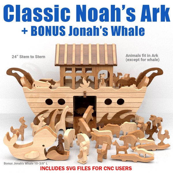 Klassieke Ark van Noach + Bonus Jonah's Whale Houten speelgoedplannen en patronen (PDF-download + SVG-bestanden voor CNC)