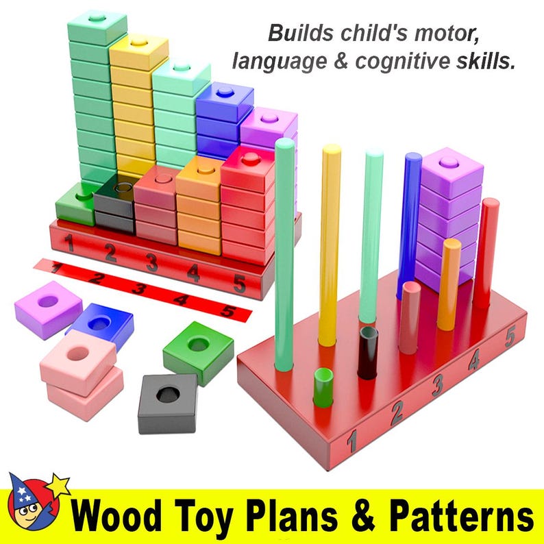 May include: A colourful wooden toy with blocks that stack on top of each other and a base with pegs for the blocks to be placed on. The toy is designed to help children develop their motor skills, language skills, and cognitive skills. The toy is made of wood and has a red base with numbers 1 through 5 on it. The blocks are different colours, including red, orange, yellow, green, blue, and purple. The toy is a great way for children to learn about colours, numbers, and shapes.
