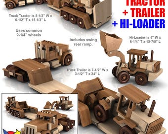 以下が含まれることがあります： ピータービルト389トラクター、トレーラー、ハイローダーのウッドトイモデルキット。キットには、トラック、トレーラー、ハイローダーの組み立てに必要な説明書とパターンが含まれています。トラックの高さは16.5cm、長さは39.4cmです。トレーラーの高さは8.9cm、長さは61cmです。ハイローダーの高さは15.9cm、長さは35.3cmです。