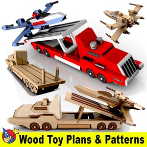 May include: Wooden toy plans and patterns for building a red toy truck with a flatbed, a wooden toy flatbed trailer, a wooden toy spaceship, and a wooden toy spaceship on a flatbed trailer.