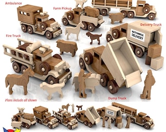 May include: A set of six wooden toy truck plans, including an ambulance, fire truck, farm pickup, dump truck, log truck, and delivery truck. The plans include all the pieces needed to build each truck. The plans are labeled with the name of each truck. The plans are for wood toy trucks.
