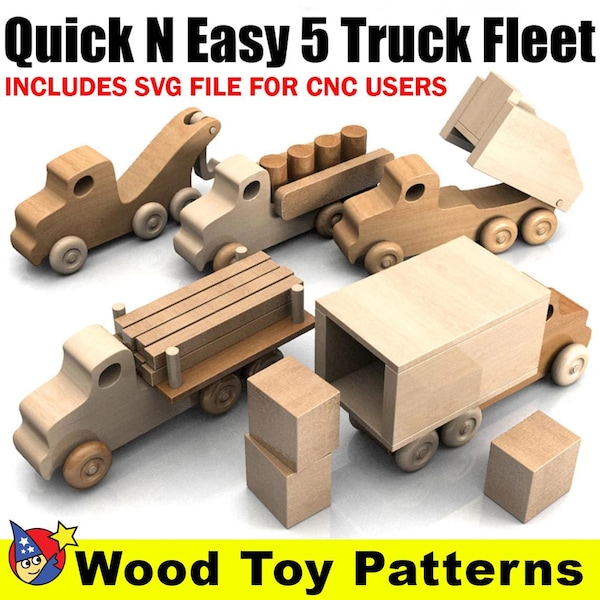 Quick N Easy 5 LKW-Flotte Holzspielzeugpläne & Muster (PDF-Download + SVG-Datei für CNC)