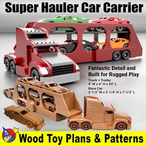 Puede incluir: Un transportador de coches de juguete de madera con un camión rojo y un remolque. El remolque tiene una plataforma de madera con ranuras para transportar coches de juguete. El camión y el remolque están detallados con ruedas, faros y un parabrisas. El texto "Super Hauler Car Carrier" está en la parte superior de la imagen. El texto "Fantastic Detail and Built for Rugged Play" está debajo del juguete. El texto "Truck + Trailer 4" W x 6" H x 29" L" está debajo del texto "Built for Rugged Play". El texto "Race Car 2-1/2" W x 2-1/4" H x 7-1/2" L" está debajo del texto "Truck + Trailer". El texto "Wood Toy Plans & Patterns" está en la parte inferior de la imagen.