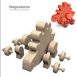 May include: Wooden toy Stegosaurus puzzle with 9 pieces, including the body, tail, legs, and plates. The pieces are unfinished and ready to be painted or stained. The toy is 2-7/8 inches wide, 4-1/4 inches tall, and 5-5/16 inches long.