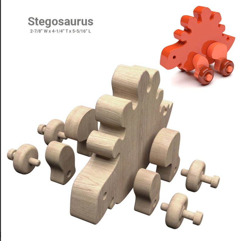 May include: Wooden toy Stegosaurus puzzle with 9 pieces, including the body, tail, legs, and plates. The pieces are unfinished and ready to be painted or stained. The toy is 2-7/8 inches wide, 4-1/4 inches tall, and 5-5/16 inches long.