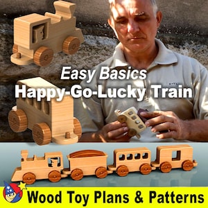 May include: A wooden toy train set with a locomotive, a boxcar, a passenger car, and a caboose. The train is made of natural wood and has a simple, classic design. The set is perfect for children who love trains and would make a great addition to any playroom.