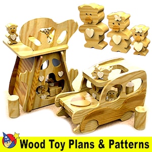May include: Wooden toy plans and patterns for a car, a house, and several small bears. The plans are printed on a sheet of paper with a blue, white, and red star design.