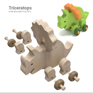 May include: A wooden Triceratops toy with removable parts, including wheels and legs. The toy is unfinished and ready to be painted. The toy is 2-7/8 inches wide, 4-3/8 inches tall, and 5-1/2 inches long.