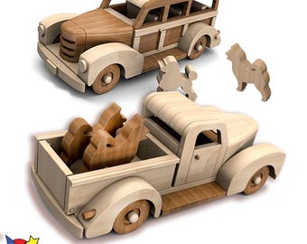 May include: Wooden toy plans and patterns. The image shows two wooden toy vehicles: a station wagon and a pickup truck. The station wagon is brown and light wood, while the pickup truck is light wood. There are also wooden animal cutouts.