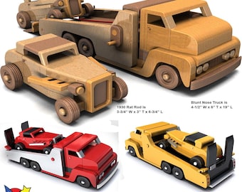 以下が含まれることがあります： 1930 年の Rat Rod と 1955 年の Blunt Nose Carrier トラックの 木製おもちゃの設計図とパターン。Rat Rod は幅 9.5 cm、高さ 7.6 cm、長さ 17.1 cm です。Blunt Nose Truck は幅 11.4 cm、高さ 15.2 cm、長さ 48.3 cm です。