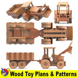 May include: Wooden toy plans and patterns for a toy tractor, dump truck, and a flatbed trailer. The plans include detailed instructions and diagrams for building each toy.