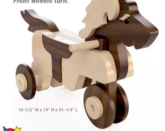 May include: Wooden toy horse with brown and beige paint, featuring a saddle and two wheels. The toy is 10-1/2 inches wide, 19 inches high, and 31-1/4 inches long. Easy to steer! Front wheels turn.