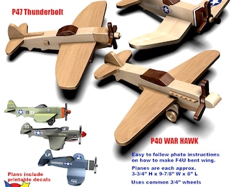 May include: Three wooden toy airplane models, a P47 Thunderbolt, a F4U Corsair, and a P40 Warhawk. The planes are painted in camouflage colors and have printed decals. The plans include printable decals.  Wood Toy Plans & Patterns.