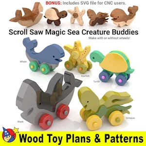 Könnte beinhalten: Ein Satz aus Holz-Laubsäge-Schablonen zum Herstellen von Meereslebewesen-Spielzeug. Die Schablonen umfassen einen Wal, einen Hai, einen Seestern, eine Schildkröte und einen Oktopus. Jede Schablone hat Räder und kann mit oder ohne Räder hergestellt werden. Die Schablonen sind als SVG-Dateien für CNC-Benutzer verfügbar.