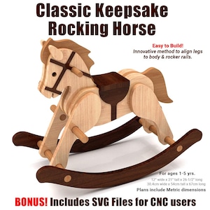 May include: Wooden rocking horse toy with a brown saddle. The horse is 12 inches wide, 21 inches tall, and 26 1/2 inches long. The plans include metric dimensions and SVG files for CNC users.