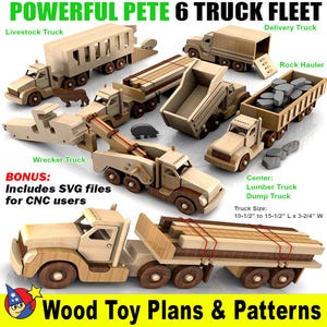 以下が含まれることがあります： 家畜運搬車、レッカー車、配送トラック、石材運搬車、木材運搬車、ダンプトラックなど、6種類の木製おもちゃのトラックモデル。トラックは木でできており、自然な木製の仕上げになっています。トラックはすべてサイズが異なり、さまざまな機能を備えています。画像には、「POWERFUL PETE 6 TRUCK FLEET」と「Wood Toy Plans & Patterns」というテキストが含まれています。