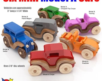 May include: Six wooden model A cars in various colors, including blue, green, gray, pink, orange, and red. Each car is approximately 3 inches long and 1 1/4 inches wide. The cars are made of wood and have 7/8 inch diameter wheels. The text "Six Mini Model A Cars" is at the top of the image. The text "Wood Toy Patterns" is at the bottom of the image.