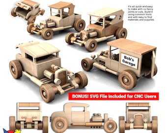 Planos y patrones de juguetes de madera Four Hill Billy Hot Rods (4 descargas en PDF)