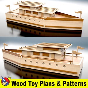 May include: Wooden toy boat plan with a two-story cabin and a deck. The boat has a brown wood finish and is designed to be built from wood.