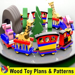 May include: A colorful wooden toy train set with a giraffe, elephant, and other animal figures. The train cars are painted in red, blue, yellow, and green. The train is on a track and is ready to go.