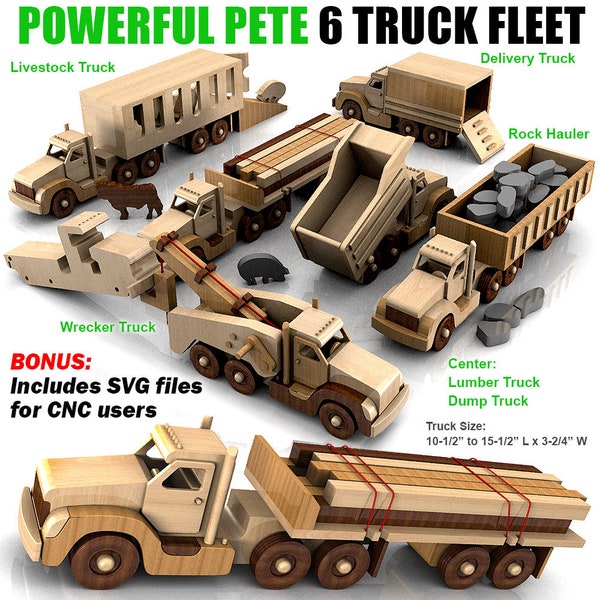 Powerful Pete 6 Truck Fleet Wood Toy Plans & Patterns (PDF Download + SVG File for CNC)