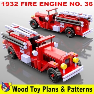 May include: A red wooden toy fire engine with a ladder, black wheels, and white details. The fire engine is labelled "1932 FIRE ENGINE NO. 36".