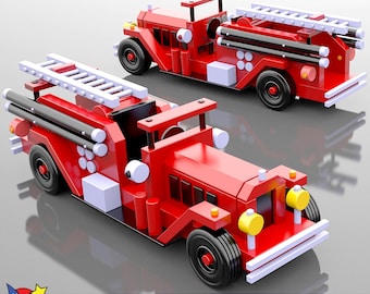 May include: A red wooden toy fire engine with a ladder, black wheels, and white details. The fire engine is labeled "1932 FIRE ENGINE NO. 36".