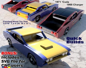 Muscle Car Silhouettes '69 Mustang + '68 Charger + '71 Cuda Wood Toy Plans & Patterns (3 PDF Downloads + SVG Files for CNC)