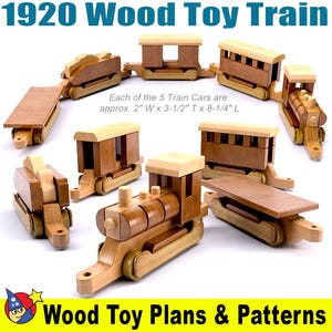 May include: A wooden toy train set with a locomotive and five train cars. The train is made of natural wood and has a rustic, vintage look. Each car is approximately 2 inches wide, 3 1/2 inches tall, and 8 1/4 inches long.