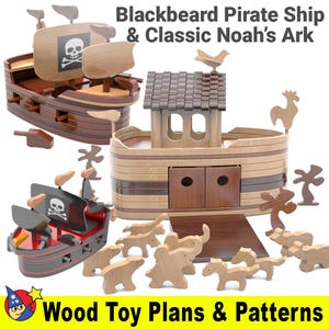 May include: Wooden toy plans and patterns for building a pirate ship and Noah's Ark. The pirate ship is black and red with a skull and crossbones flag. The Noah's Ark is brown and beige with a brown roof. The plans include animal figures.