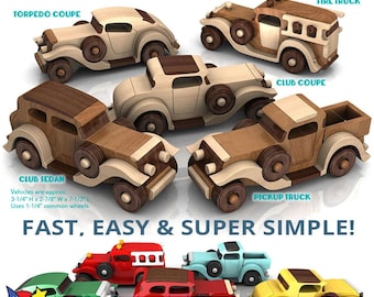 以下が含まれることがあります： 消防車、魚雷型クーペ、クラブクーペ、クラブセダン、ピックアップトラックなど、5つの木製のおもちゃの車のモデル。 車はすべて木でできており、自然な木製の仕上げになっています。 車の上に「QUICK N EASY 5 CAR FLEET」と「FAST, EASY & SUPER SIMPLE!」のテキストが表示されています。 車の下に「Wood Toy Patterns」のテキストが表示されています。