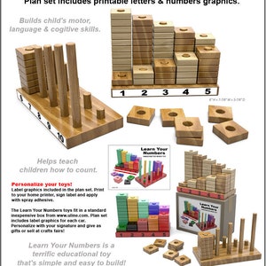 May include: Wooden toy set for learning numbers. The set includes a wooden base with ten rods, a set of wooden blocks that stack to create numbers 1-5, and a printable label. The label says "Learn Your Numbers".