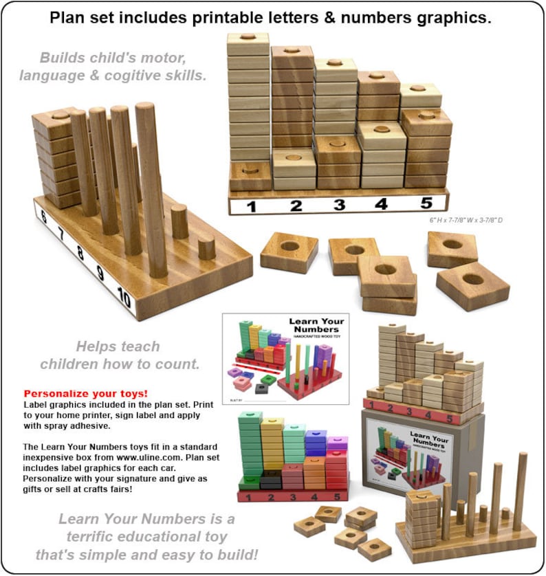 May include: Wooden toy set for learning numbers. The set includes a wooden base with ten rods, a set of wooden blocks that stack to create numbers 1-5, and a printable label. The label says "Learn Your Numbers".