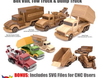 Magnificent Max Box Van, Tow & Dump Trucks Wood Toy Plans and Patterns (PDF Download + SVG File for CNC)