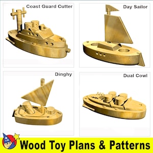 May include: Four wooden toy boat plans and patterns. The boats are labeled "Coast Guard Cutter", "Day Sailor", "Dinghy", and "Dual Cowl".