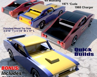 Muscle Car Silhouettes '69 Mustang + '68 Charger + '71 Cuda Wood Toy Plans & Patterns (3 PDF Downloads + SVG Files for CNC)