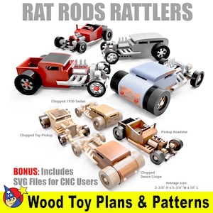 May include: A set of wooden toy car plans and patterns for building rat rod style cars. The plans include a chopped 1930 sedan, a chopped top pickup, a pickup roadster, and a chopped deuce coupe. The plans are for CNC users and include SVG files. The average size of the cars is 8.5 cm high, 14.6 cm wide, and 25.4 cm long.