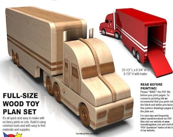 May include: A full-size wood toy plan set for building a Freightliner semi truck with a trailer. The plans include detailed instructions and drawings for creating a 25-1/2 inch long, 8-3/4 inch wide, and 8-7/8 inch high model.