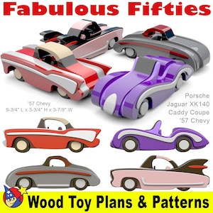 May include: Wood toy plans and patterns for building classic 1950s cars. The plans include a red and white '57 Chevy, a purple Jaguar XK140 Caddy Coupe, a pink and brown '57 Chevy, and a grey Porsche. The plans are 24.8 cm long, 9.5 cm high, and 9.8 cm wide.
