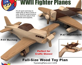May include: A full-size wood toy plan for building two WWII fighter planes, a P-51 Mustang and a P-47 Thunderbolt. The plans are printed on white paper with black text and illustrations. The text includes "Quick N Easy WWII Fighter Planes", "Full-Size Wood Toy Plan", "ToymakingPlans.com © 2018", and "Wood Toy Patterns".
